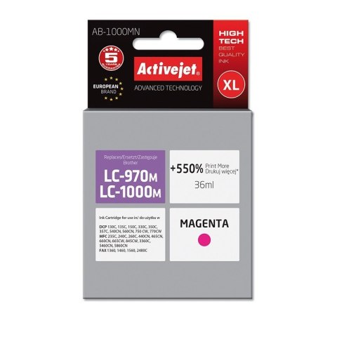 Activejet AB-1000MN Tusz (zamiennik do Brother LC1000M/970M; Supreme; 35 ml; purpurowy). Drukuje więcej o 550%. Activejet AB-1000MN Tusz (zamiennik do Brother LC1000M/970M; Supreme; 35 ml; purpurowy). Drukuje więcej o 550%.