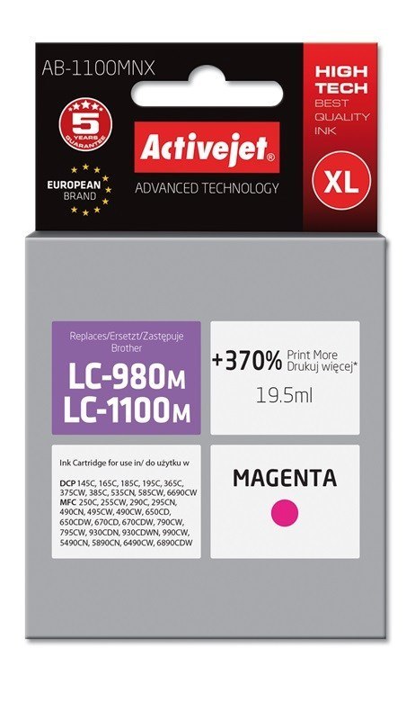 Activejet AB-1100MNX Tusz (zamiennik Brother LC1100M/980M; Supreme; 19,5 ml; purpurowy) Activejet AB-1100MNX Tusz (zamiennik Brother LC1100M/980M; Supreme; 19,5 ml; purpurowy)