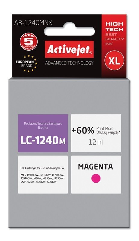 Activejet AB-1240MNX Tusz (zamiennik Brother LC1240M/1220M; Supreme; 12 ml; czerwony) Activejet AB-1240MNX Tusz (zamiennik Brother LC1240M/1220M; Supreme; 12 ml; czerwony)