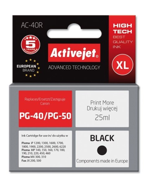 Activejet AC-40R Tusz (zamiennik Canon PG-40; Premium; 25 ml; czarny) Activejet AC-40R Tusz (zamiennik Canon PG-40; Premium; 25 ml; czarny)