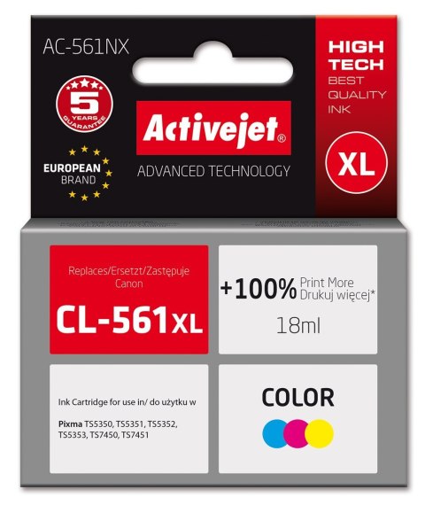 Activejet AC-561NX Tusz (zamiennik Canon CL-561XL; Supreme; 18 ml; Color) Activejet AC-561NX Tusz (zamiennik Canon CL-561XL; Supreme; 18 ml; Color)