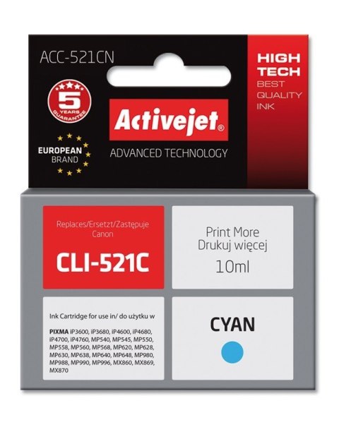 Activejet ACC-521CN Tusz (zamiennik Canon CLI-521C; Supreme; 10 ml; niebieski) Activejet ACC-521CN Tusz (zamiennik Canon CLI-521C; Supreme; 10 ml; niebieski)