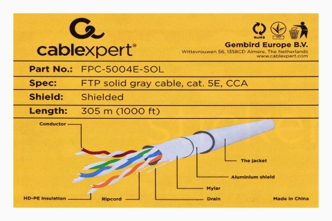 Kabel FTP GEMBIRD FPC-5004E-SOL (F/UTP - F/UTP ; FTP; 305m; kat. 5e; kolor szary) Kabel FTP GEMBIRD FPC-5004E-SOL (F/UTP - F/UTP ; FTP; 305m; kat. 5e; kolor szary)