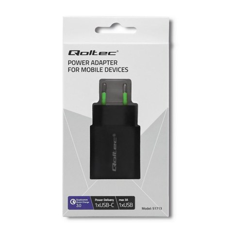 QOLTEC ŁADOWARKA SIECIOWA 18W | 5-12V | 1.5-3A | USB TYP C PD | USB QC 3.0 | CZARNA