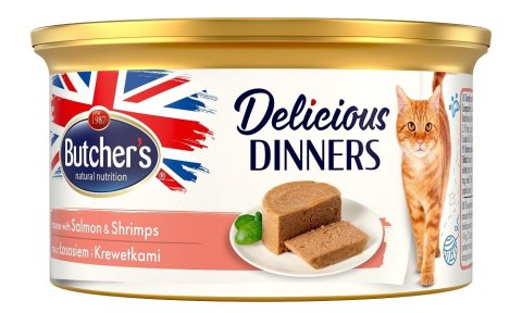 Butcher's Delicious Dinners Cat - mokra karma dla kota z łososiem i krewetkami w formie musu - puszka 85 g Butcher's Delicious Dinners Cat - mokra karma dla kota z łososiem i krewetkami w formie musu - puszka 85 g