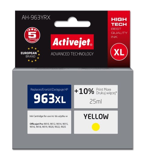 Activejet AH-963YRX Tusz (zamiennik HP 963XL 3JA29AE; Premium; 1760 stron; 25 ml, żółty) Activejet AH-963YRX Tusz (zamiennik HP 963XL 3JA29AE; Premium; 1760 stron; 25 ml, żółty)