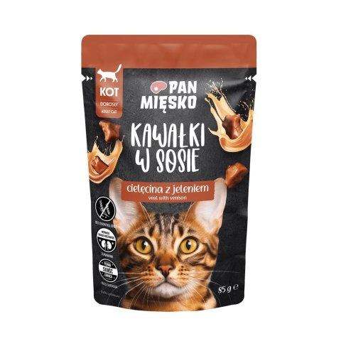 PAN MIĘSKO Kawałki w sosie Cielęcina z jeleniem (dorosły) - Karma mokra dla kota - 85g PAN MIĘSKO Kawałki w sosie Cielęcina z jeleniem (dorosły) - Karma mokra dla kota - 85g