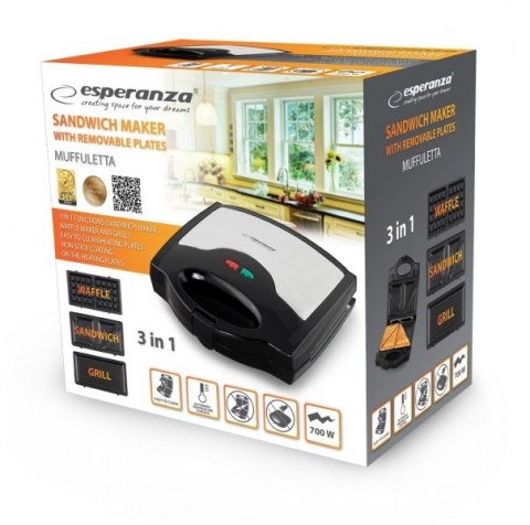 Opiekacz do kanapek Esperanza Muffuletta EKT005 (700W; kolor czarny, kolor inox) Opiekacz do kanapek Esperanza Muffuletta EKT005 (700W; kolor czarny, kolor inox)