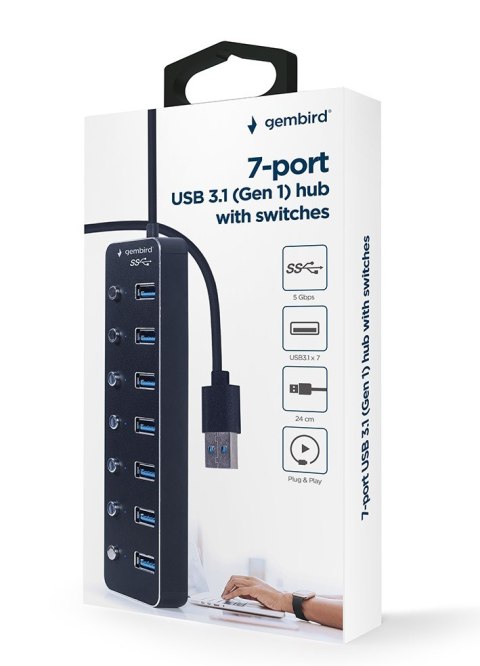 GEMBIRD HUB USB 3.1 (GEN 1) 7-PORTOWY Z PRZEŁĄCZNIKAMI, CZARNY GEMBIRD HUB USB 3.1 (GEN 1) 7-PORTOWY Z PRZEŁĄCZNIKAMI, CZARNY