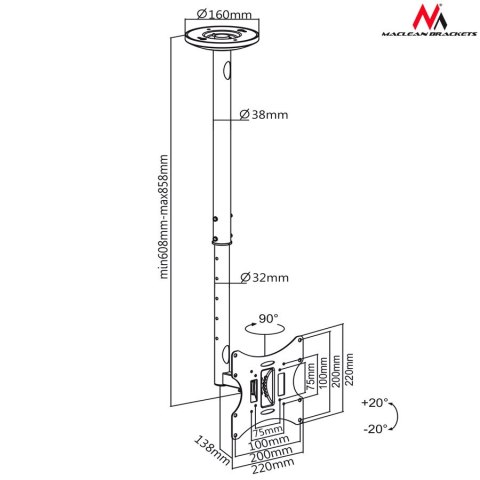 Uchwyt sufitowy do telewizora Maclean MC-504B (Obrotowy, sufitowy, Uchylny; 23" - 42"; max. 30kg)