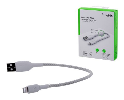 Kabel Belkin BoostCharge Braided Lightning to USB-A Cable 15cm oplot White Kabel Belkin BoostCharge Braided Lightning to USB-A Cable 15cm oplot White