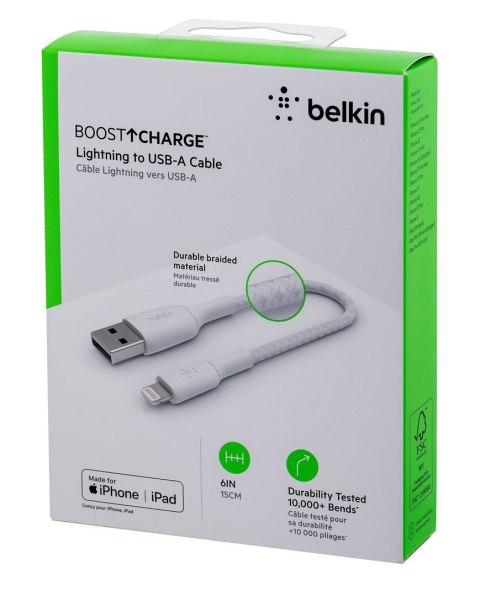 Kabel Belkin BoostCharge Braided Lightning to USB-A Cable 15cm oplot White Kabel Belkin BoostCharge Braided Lightning to USB-A Cable 15cm oplot White