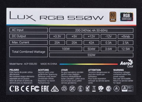 Zasilacz Aerocool LUX AEROPGSLUXRGB-550 (550 W; 120 mm) Zasilacz Aerocool LUX AEROPGSLUXRGB-550 (550 W; 120 mm)
