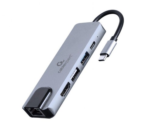 GEMBIRD MULTI ADAPTER USB TYP-C 5W1 (HUB + HDMI + PD + CZYTNIK KART + LAN) SREBRNY GEMBIRD MULTI ADAPTER USB TYP-C 5W1 (HUB + HDMI + PD + CZYTNIK KART + LAN) SREBRNY