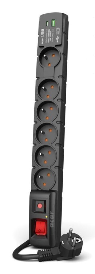 Listwa przeciwprzepięciowa Acar S6 USB A+C (szybka ładowarka) 1,5m ; czarny