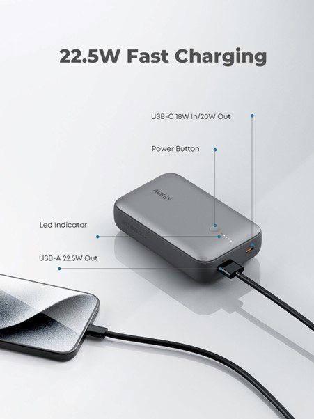 AUKEY POWERBANK 20 000 MAH, USB-C 22,5W, USB-A,MINI, SZARY AUKEY POWERBANK 20 000 MAH, USB-C 22,5W, USB-A,MINI, SZARY