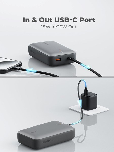 AUKEY POWERBANK 20 000 MAH, USB-C 22,5W, USB-A,MINI, SZARY AUKEY POWERBANK 20 000 MAH, USB-C 22,5W, USB-A,MINI, SZARY