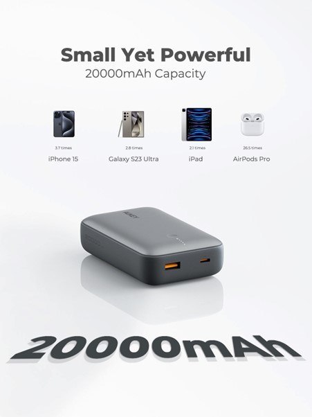 AUKEY POWERBANK 20 000 MAH, USB-C 22,5W, USB-A,MINI, SZARY AUKEY POWERBANK 20 000 MAH, USB-C 22,5W, USB-A,MINI, SZARY