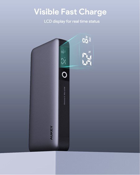AUKEY POWERBANK 20000MAH, 2X USB-C PD 65W, USB-A 18W, SZARY