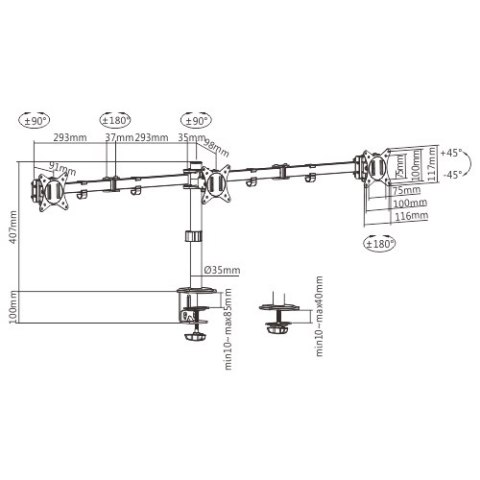GEMBIRD BIURKOWE REGULOWANE RAMIĘ/UCHWYT NA 3 MONITORY 17-27, 100X100MM, DO 7KG GEMBIRD BIURKOWE REGULOWANE RAMIĘ/UCHWYT NA 3 MONITORY 17-27, 100X100MM, DO 7KG