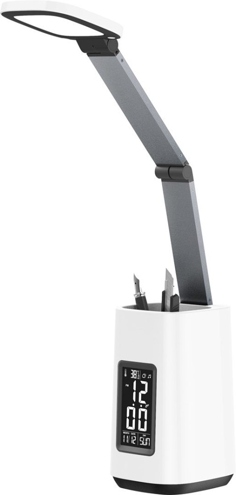 Nowoczesna lampka na biurko LED Activejet TECHNIC biała z wyświetlaczem LED (data, godzina, budzik) składana Nowoczesna lampka na biurko LED Activejet TECHNIC biała z wyświetlaczem LED (data, godzina, budzik) składana