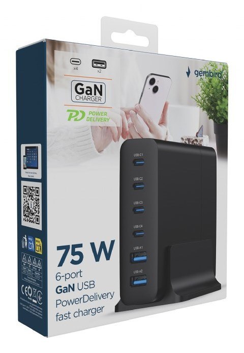 GEMBIRD 6-PORTOWA SZYBKA ŁADOWARKA SIECIOWA GAN (PD) 6XUSB (2X USB-A + 4X USB-C), 75W, CZARNA GEMBIRD 6-PORTOWA SZYBKA ŁADOWARKA SIECIOWA GAN (PD) 6XUSB (2X USB-A + 4X USB-C), 75W, CZARNA