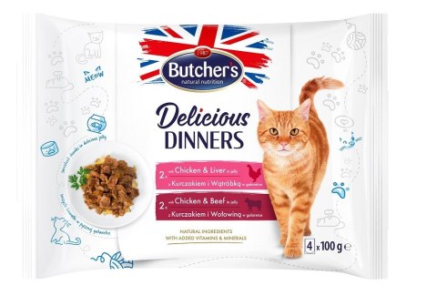 BUTCHER'S Delicious Dinners Kurczak z Wątróbką, Kurczak z Wołowiną - mokra karma dla kota - 4 x 100 g