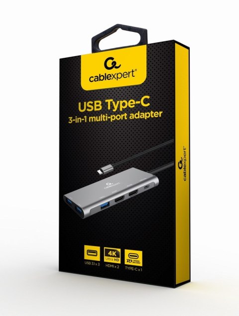 GEMBIRD MULTI ADAPTER USB TYP-C 3W1 SREBRNY HUB USB, HDMI, PD (100W)