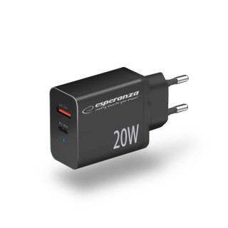 ESPERANZA ŁADOWARKA SIECIOWA 20W USB-C PD 20W / USB-A QC 3.0 18W CZARNA EZC105K