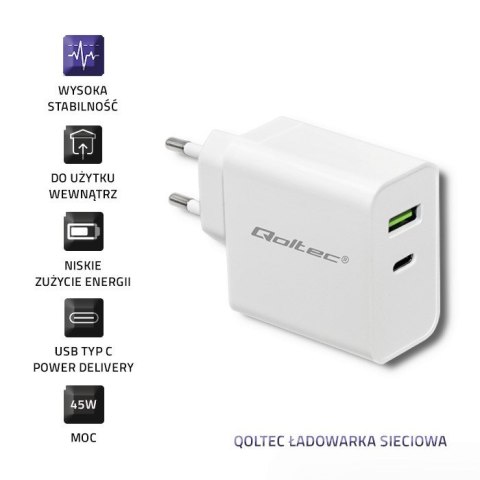 QOLTEC ŁADOWARKA SIECIOWA 45W | 5-20V | 2.4-3A | USB TYP C PD | USB | BIAŁA