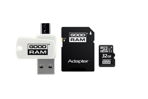 Karta pamięci z adapterem i czytnikiem kart GoodRam All in one M1A4-0320R12 (32GB; Class 10; Adapter, Czytnik kart MicroSDHC, Ka Karta pamięci z adapterem i czytnikiem kart GoodRam All in one M1A4-0320R12 (32GB; Class 10; Adapter, Czytnik kart MicroSDHC, Ka